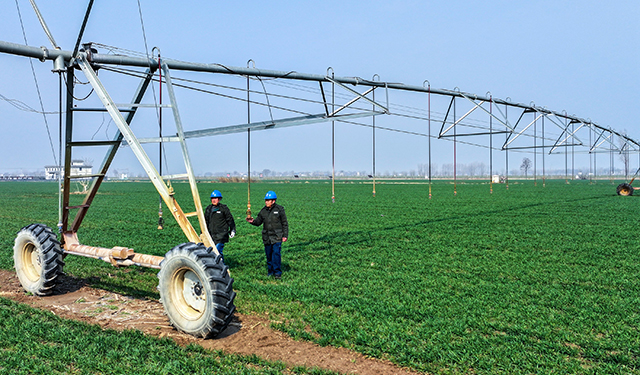 图为，2025年3月7日8时，在河南安阳滑县老店镇曹固营村的麦田里，国网滑县供电公司两名员工正在巡查电力线路和设备，为群众春耕春灌农业生产用电保驾护航。（王亚方 摄）